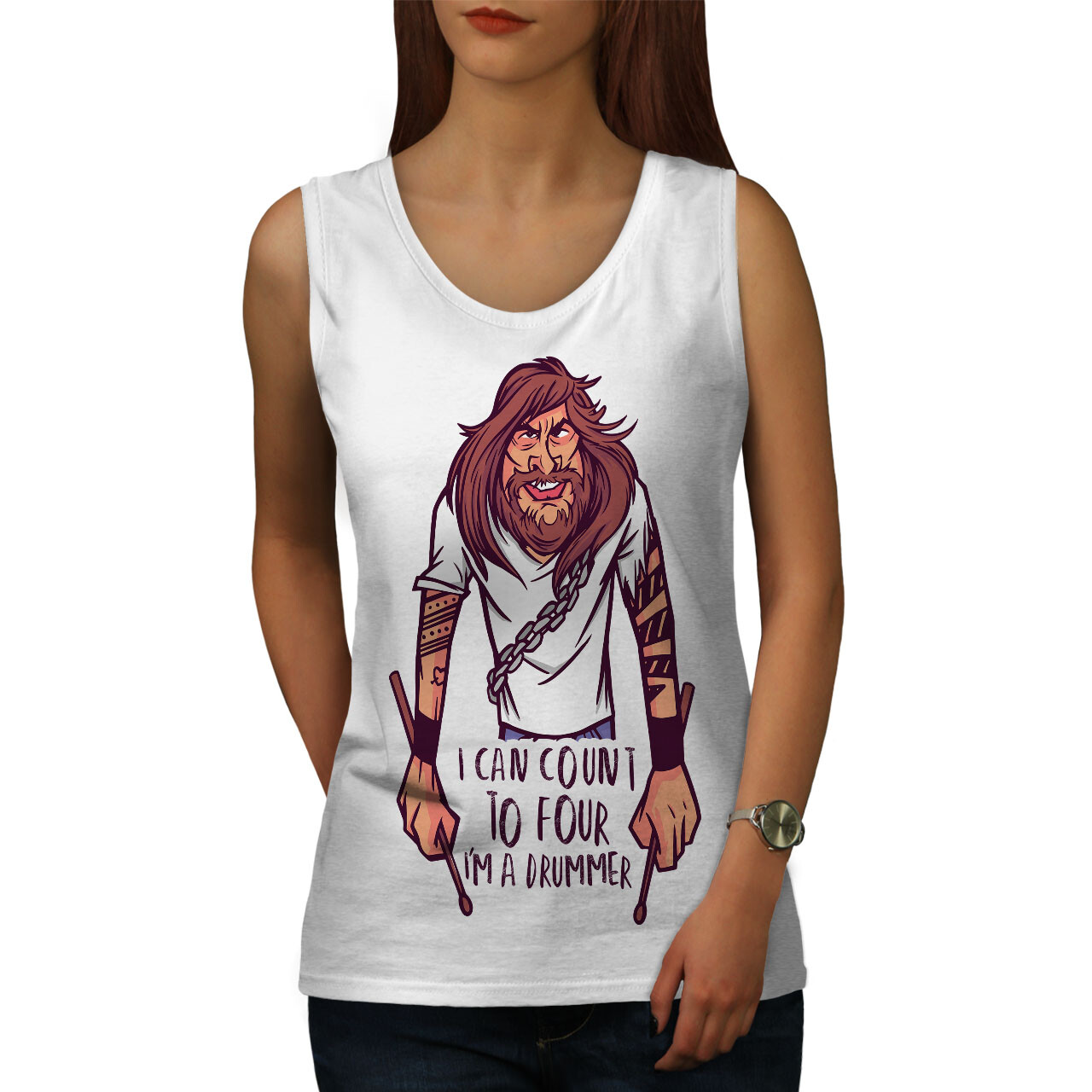 Wellcoda I Can Count To Four Drummer Humor Cartoon Womens Tank Top