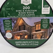 Holiday Time - 200 LED Sync 8 Function Warm White Icicle Lights White Wire 24 Ft