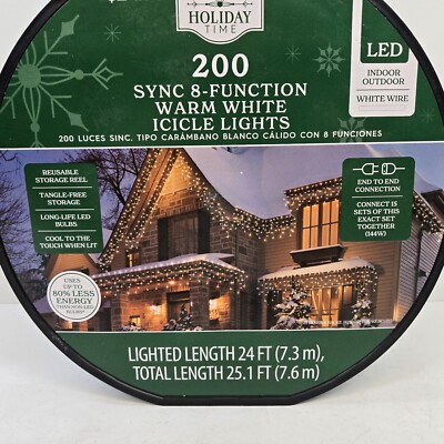 Holiday Time - 200 LED Sync 8 Function Warm White Icicle Lights White Wire 24 Ft