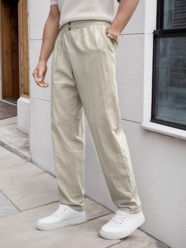 Men's Elastic Waist Textured Cotton Tapered Casual Trousers - Picture 10 of 14