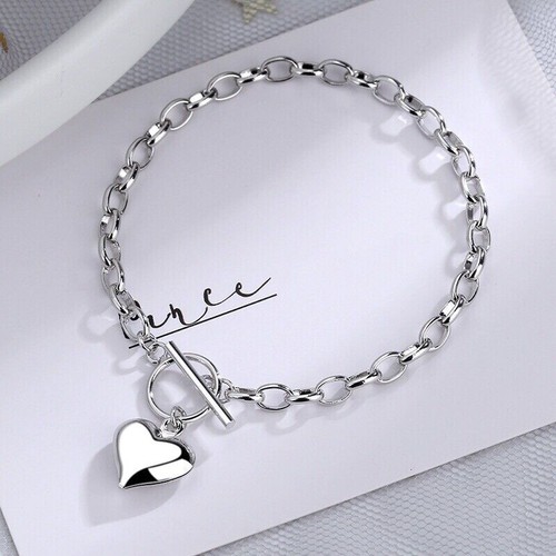 Beautiful Heart Charm Bracelet 925 Sterling Silver Women Girls Jewelry Gift - Picture 1 of 6
