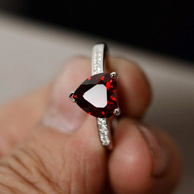 Natural Heart Cut Garnet Rings Moissanite Ring 925 Sterling Silver Rings