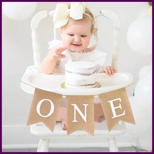 Baby First Birthday Chair Banner Burlap ONE Garland Boy Girl One Year Old