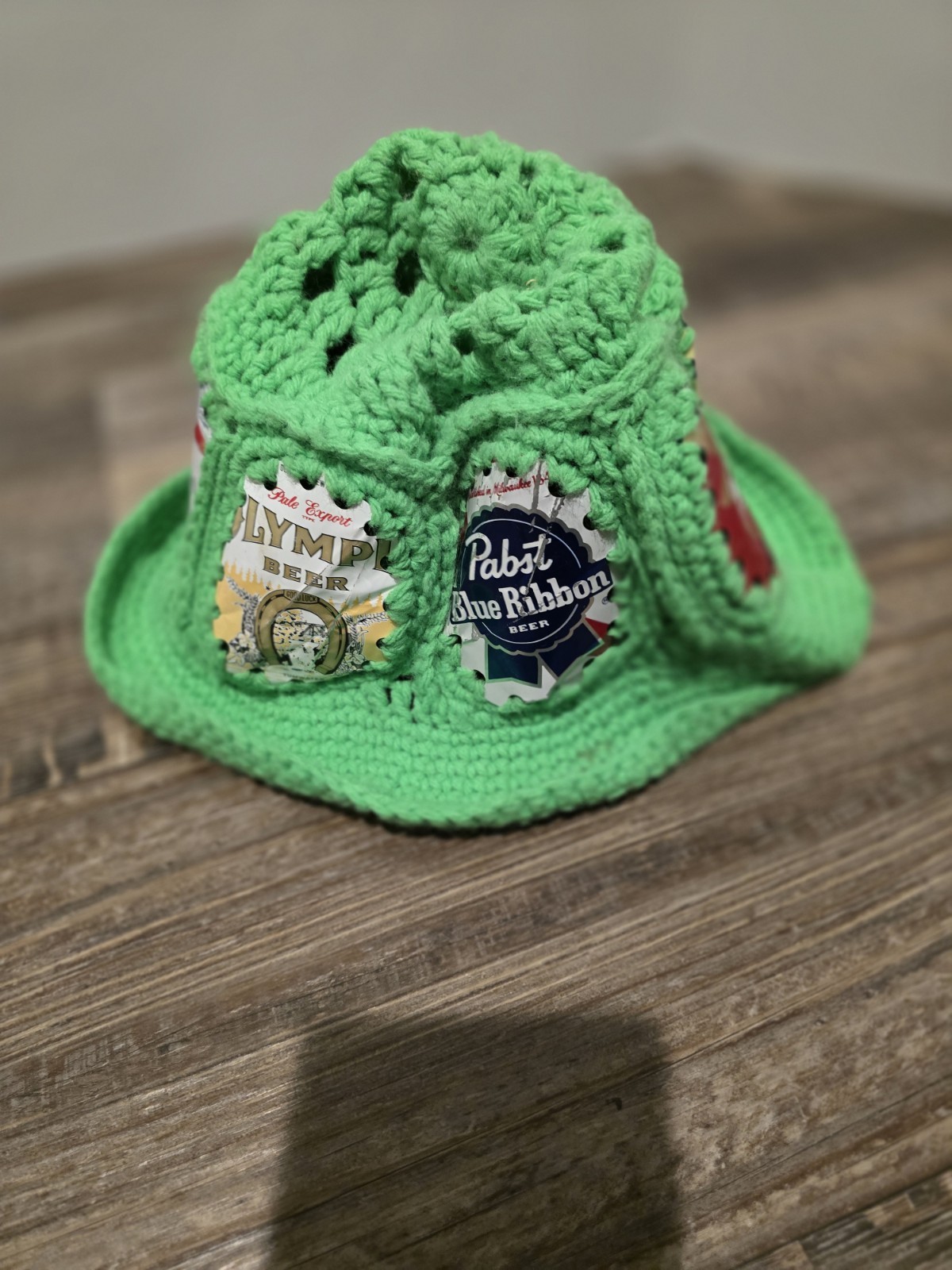 Crocheted  Beer Can Knit Bucket Vintage Party Hat Green