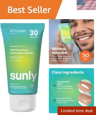 Mineral Sunscreen SPF 30 - Broad Spectrum UVA/UVB Protection, Zinc Oxide, 5.2 Oz
