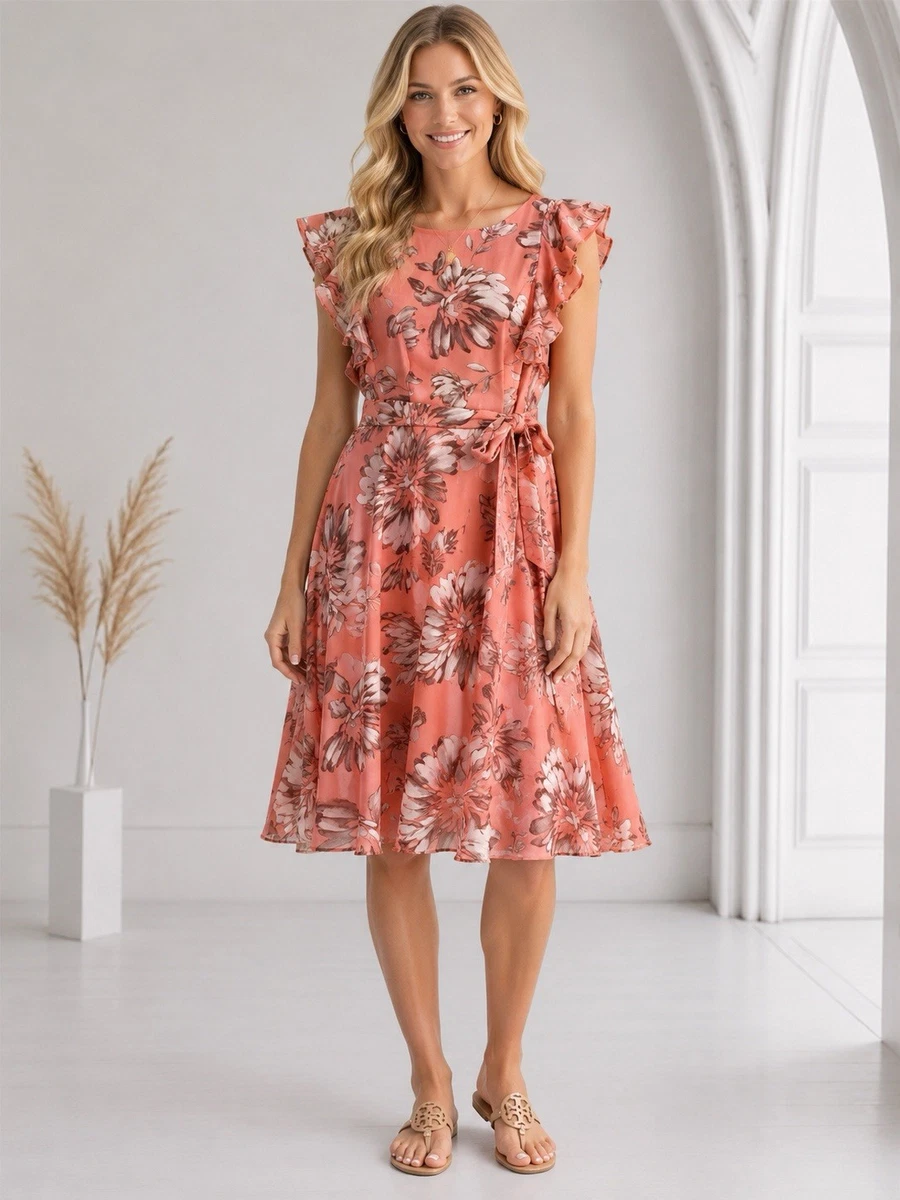 jessica howard short sleeve floral midi fit + flare dress Jessica Howard Womens V Neck Short Sleeve Floral Fit + Flare Dress, Color: Navy