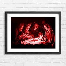 Classical Nativity Scene With Infant Jesus Red Framed Wall Art Print Large