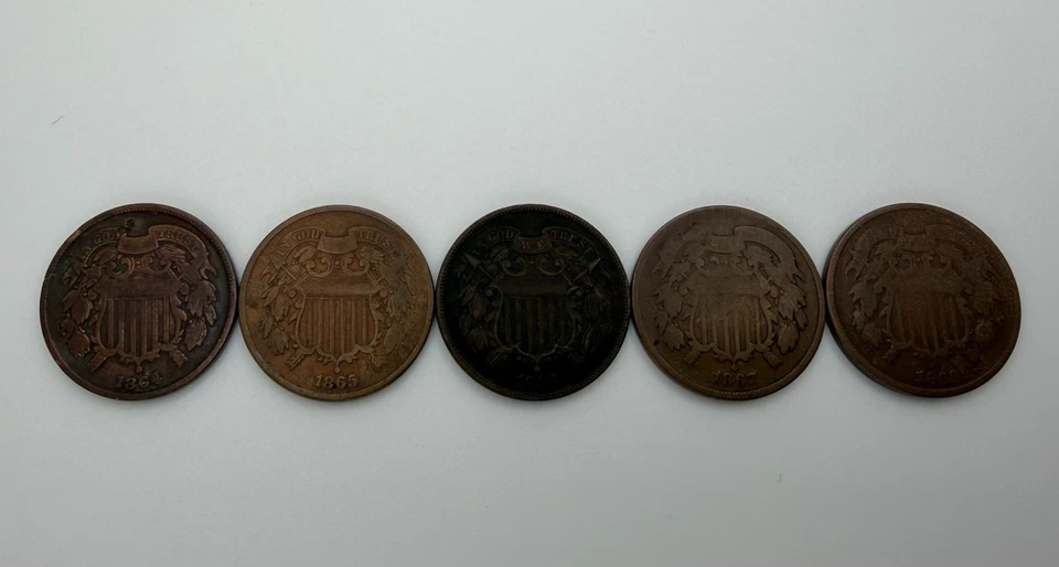 1864-68 Shield 2 Cent - 5 Coin Lot - Civil War Era Dates - F-VF - Image 2 of 3