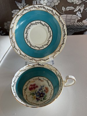 Aynsley tea cup and saucer turquoise gold leaf floral