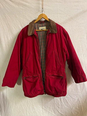 Vintage 90s Eddie Bauer Goose Down Field Jacket Women M Red Leather Collar Plaid