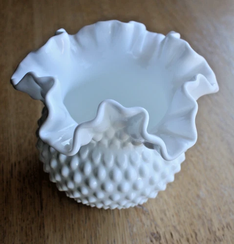 Vtg Fenton Hobnail White Milk Glass 5.25" Ball Globe Vase Crimped Ruffled Rim