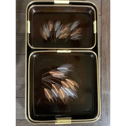 Vintage Japan Nesting Tray Set Wheat Design – 3 Serving Trays w/ Handles Brown - Picture 20 of 22