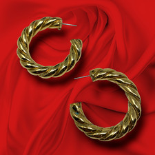 Vintage 1980's Gold Tone Chunky Twisted Pierced Hoop Earrings Couture Mogul