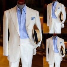 Wide Peak Lapel Men's Suits Linen Blazer Casual Jacket Summer 2Pcs Beach Coat