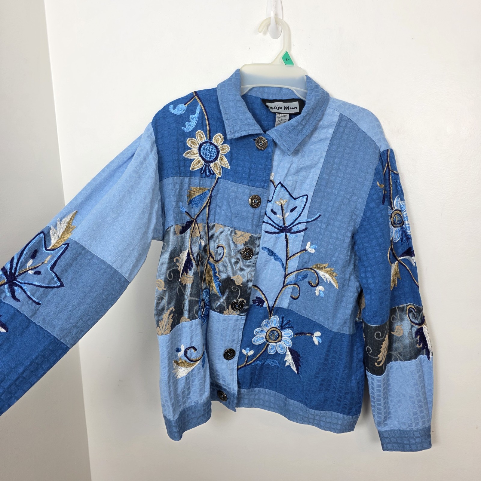 Indigo Moon Blue Patchwork Floral Embroidered Art… - image 1