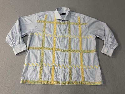 Equilibrio Shirt Mens 2XL Blue Stripe Button Down Patchwork Paisley Long Sleeve