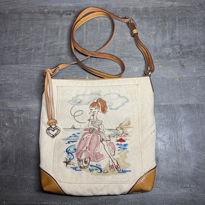 Brighton Chic Seashore Crossbody Canvas Print Embellished Leather Trim Strap