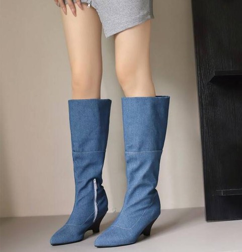 Sexy de mujer con tacón de cuña punta puntiaguda botas de media pantorrilla cremallera lateral tacón medio de gran tamaño  - Imagen 11 de 29