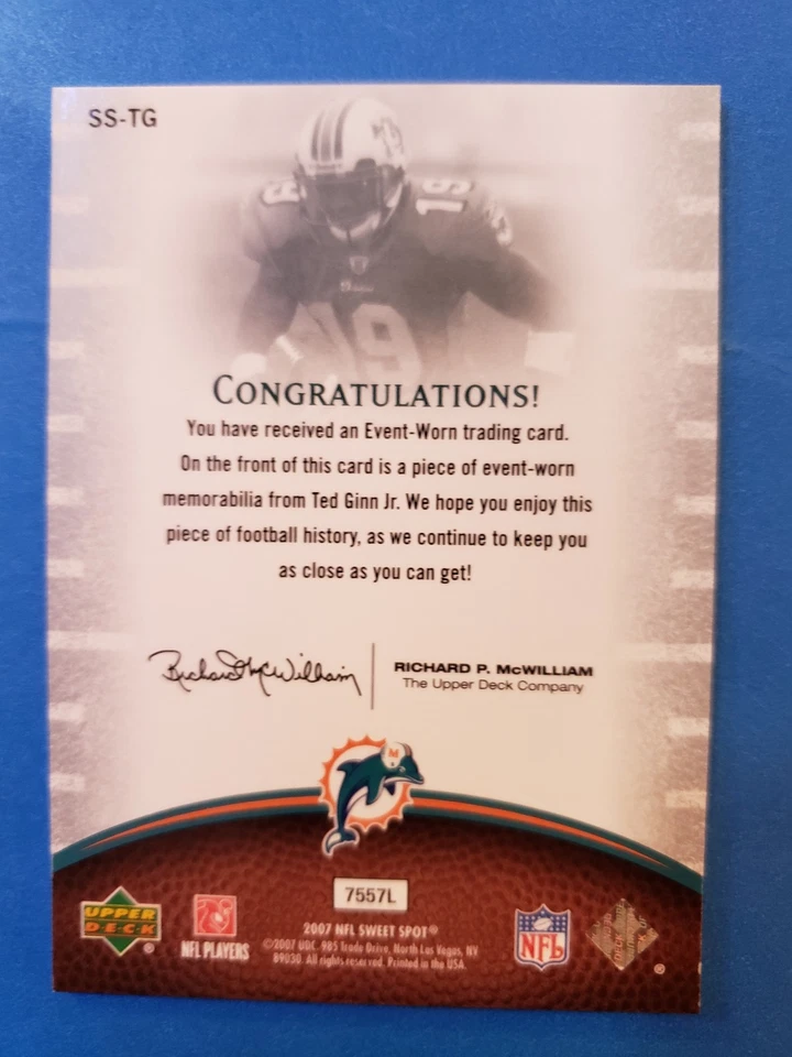 2007 UPPER DECK TED GINN JR ROOKIE SWEET SWATCH  CARD# SS-TG. - Image 2 of 2