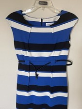 CALVIN KLEIN BLACK White AND BLUES tripe Belted Sleeveless Sheath Dress Size 4