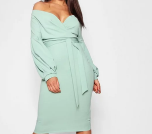 off the shoulder wrap midi bodycon dress