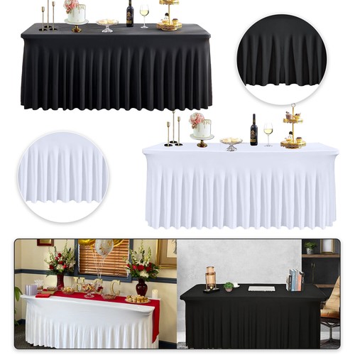 White Spandex Stretch Pleated Table Skirt Cover for Events Wedding Banquet Party - 第 1/17 張圖片
