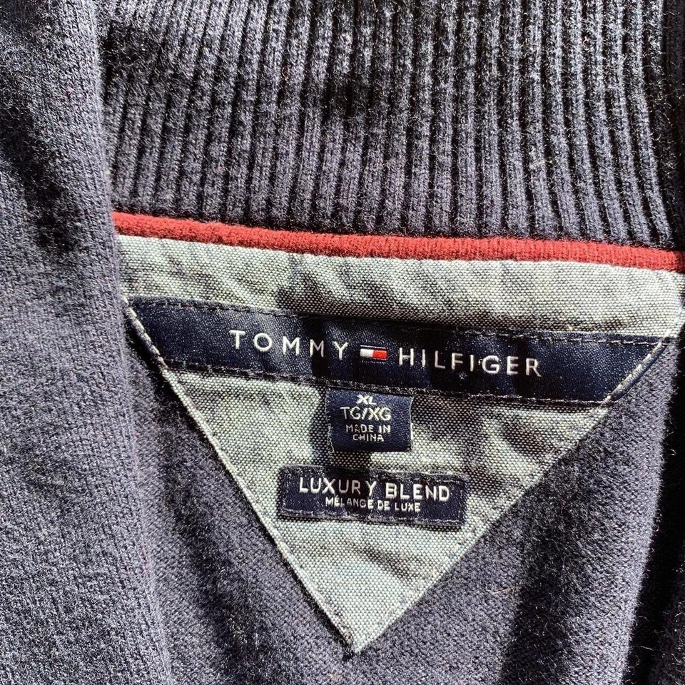 Vintage 2000s Y2K Tommy Hilfiger Wool Cardigan Sweater XL Plaid Pattern Blue Red - Image 4 of 4