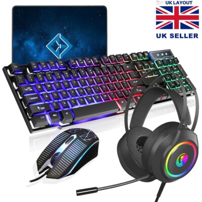 Rainbow LED USB Gaming Keyboard and Mouse Headset Set For