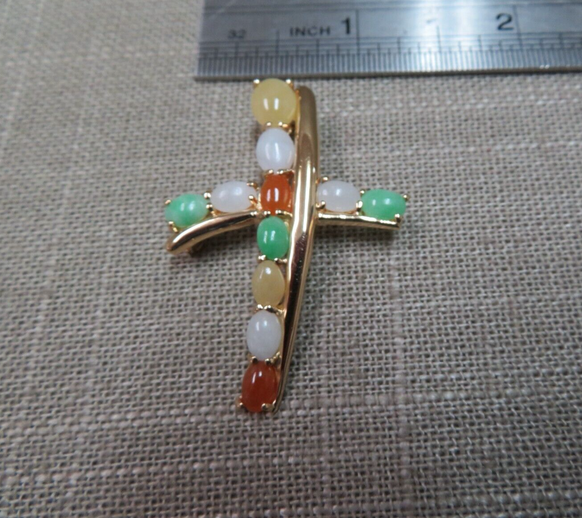 14K Solid Yellow Gold Multi Color Jade Gemstone Cross Brooch Pin  Grams