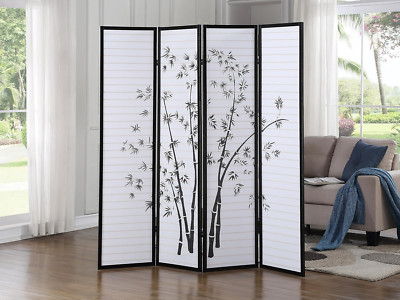 Elegant Black Bamboo Print 4-Panel Room Divider Screen - Stylish Privacy Solutio