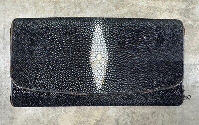 Vintage Stingray Leather Women s Folding Wallet Black Trifold Large Retro