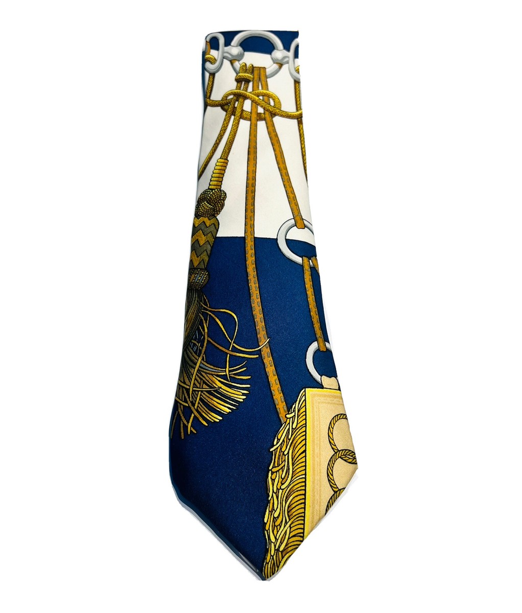 Vintage HERMES Paris 100% Silk Blue White Yellow Equestrian Rope 