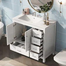 36'' Bathroom Vanity w/Ceramic Sink, Freestanding Bath Vanity Cabinet, 5 Drawers