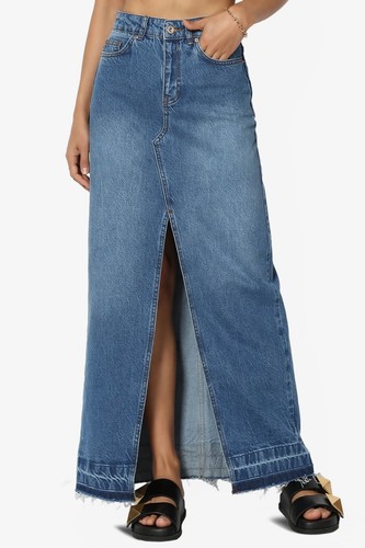 TheMogan Women's High Waist Front Slit Raw Hem Washed Jean Denim Maxi Skirt - Picture 3 of 15