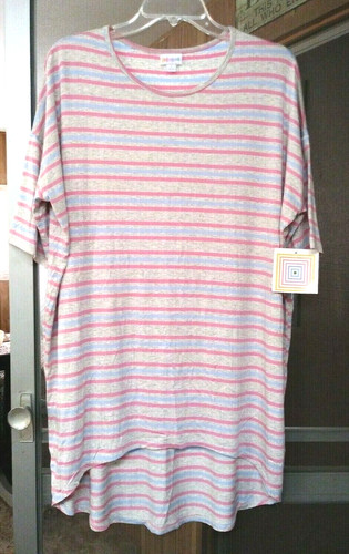 NEW WOMEN'S LULAROE IRMA GRAY PINK BLUE STRIPED OVERSIZE HI LO TOP SIZE S BNWT