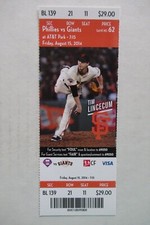SAN FRANCISCO GIANTS VS PHILLIES 8/15/2014 FULL TICKET ~ TIM LINCECUM
