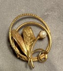 Pearl Flower Brooch Pin With Double Loop Vintage Gold Tone Solid Leaves and Faux