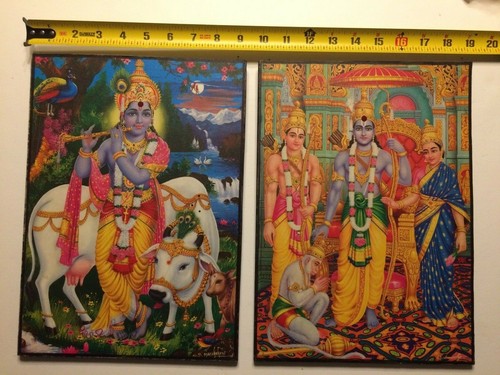 Pair of Vintage Colorful Hindu God Goddess Royalty Signed Prints on Wood Old A9
