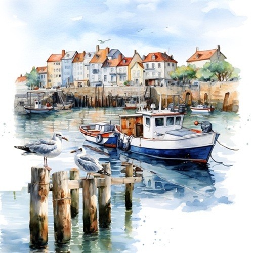 4 x Paper Napkins/33cm/3Ply/Decoupage/Gulls/Port Scene/Fishing Boat/Fishing
