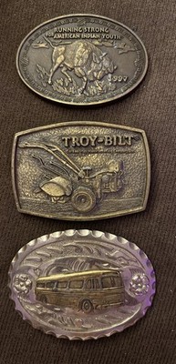 Vintage 3 Pc Brass Belt Buckle Lot - Troy-Built, City Bus, American Indian Youth