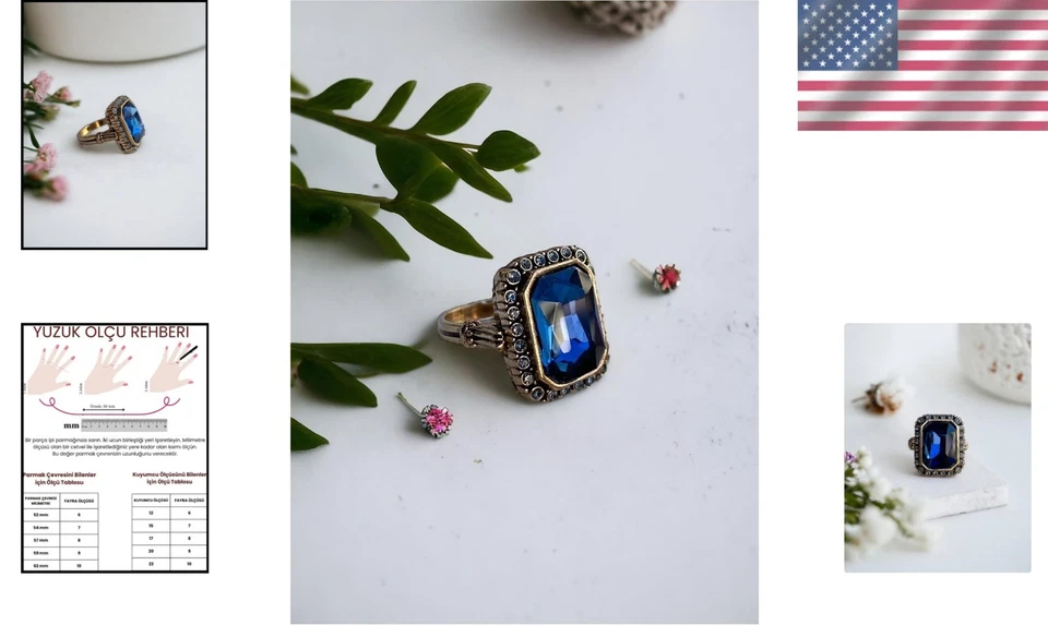 Impresionante Anillo Baguette Cristal Azul Talla 9 con Piedras Circón y Banda de Bronce Foto 2 de 4