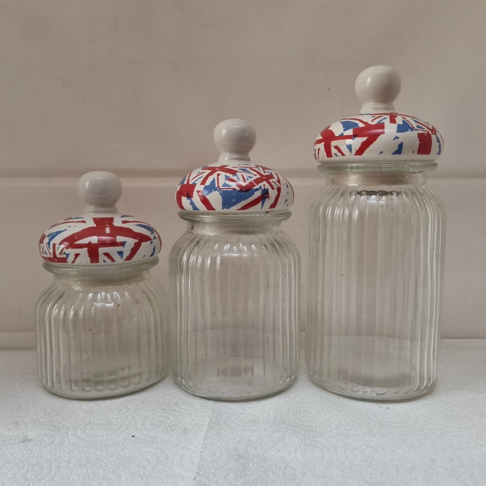 RETRO UNION JACK GLASS STORAGE JARS Tea Coffee Sugar Canisters SET OF 3