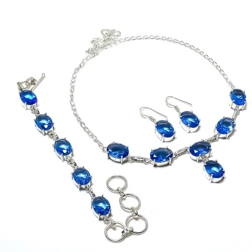 Tanzanite Quartz Oval Gemstone Solitaire Jewelry Set Necklace Bracelet Earrings
