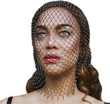 TINAYAUE Bling Fishnet Headdress Crystal Veil Cap for Women Elastic Headband He