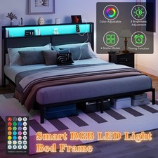 Queen Full Platform Bed Frame LED Light w/ Outlet USB Charging Storage Headboard