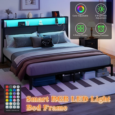 #ad Queen Full Platform Bed Frame LED Light w Outlet USB Charging Storage Headboard $149.99