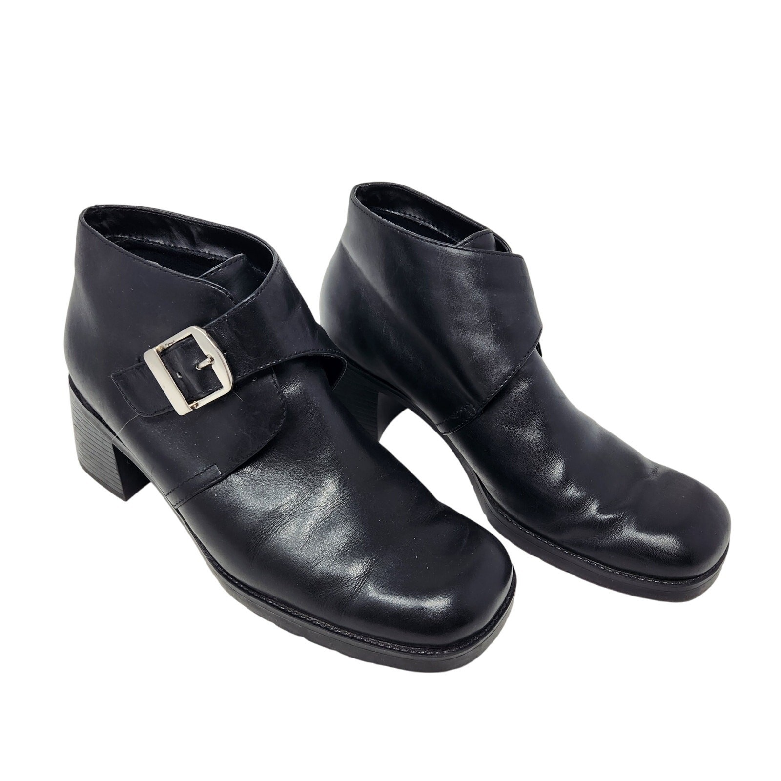 White Mountain Black Leather Buckle Square Toe Ankle Sandra Boots Size 8.5