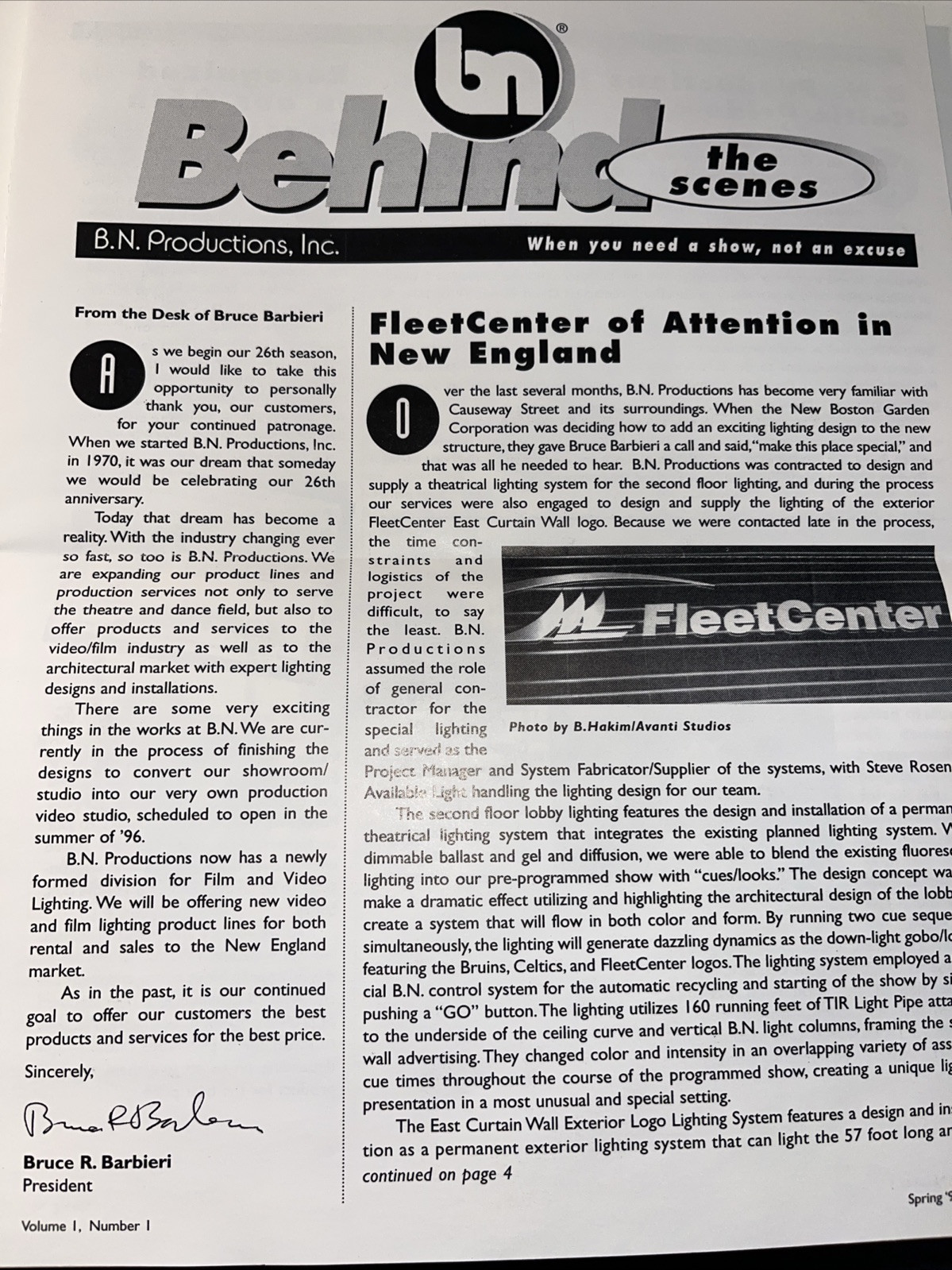 Behind The Scenes Spring 1996 Vol 1 Issue 1 BN productions