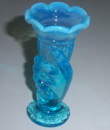 Vintage Fenton Blue Opal 1940's Mini Hand Vase - TOOTHPICK HOLDER - 4" TALL