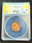 1935 LINCOLN WHEAT CENT ANACS MS 64 RED 179